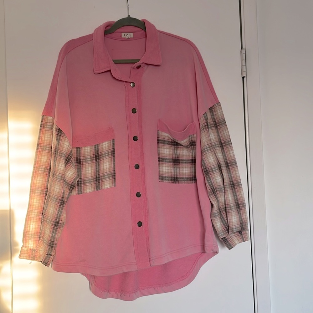 Pol Pink Flannel Sleeve Button Up Shacket